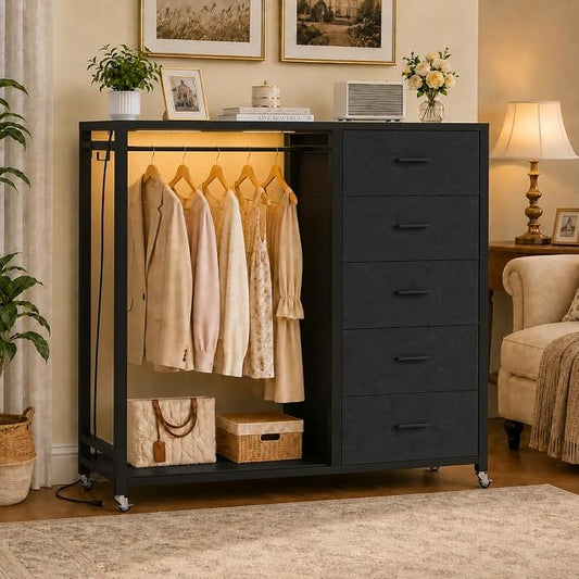 Cyclysio Storage Clothes Rack with 5 Drawers, Garment Rack with Charging Station & LED Lights, Fabric Chest Shelves Clothing Rack, Wooden Portable Wardrobe Closet
