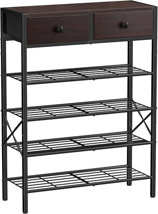 5 Tier Shoe Rack with 2 Drawers, 16-20 Pairs Dark Brown | Holds 16-20 pairs. 2 drawers for socks/keys. Removable layer for boots. Anti-tip kit included. Quick assembly.
