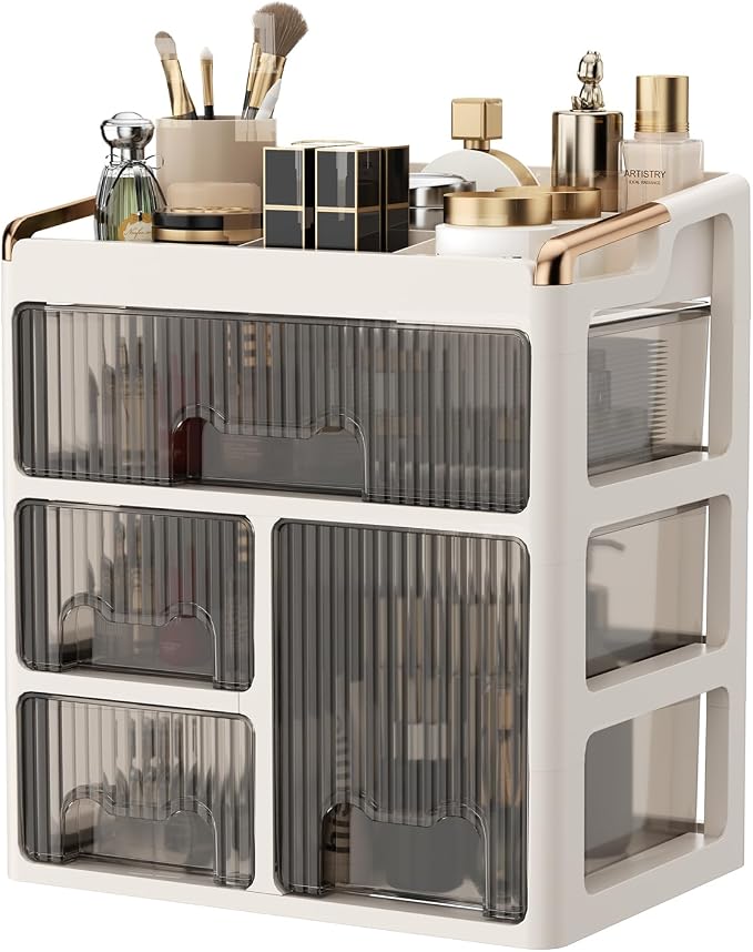 GearFusion Cosmetic Organizer, Makeup Storage Box with Drawers for Vanity, Plastic Beauty Countertop Cabinet with Clear Doors, Skincare, Perfume, Lipstick, Brush Holder for Dresser, Bathroom, Bedroom