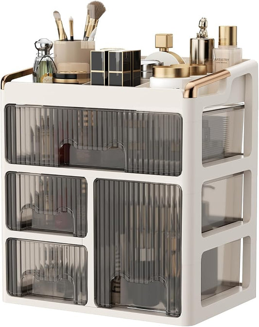 GearFusion Cosmetic Organizer, Makeup Storage Box with Drawers for Vanity, Plastic Beauty Countertop Cabinet with Clear Doors, Skincare, Perfume, Lipstick, Brush Holder for Dresser, Bathroom, Bedroom