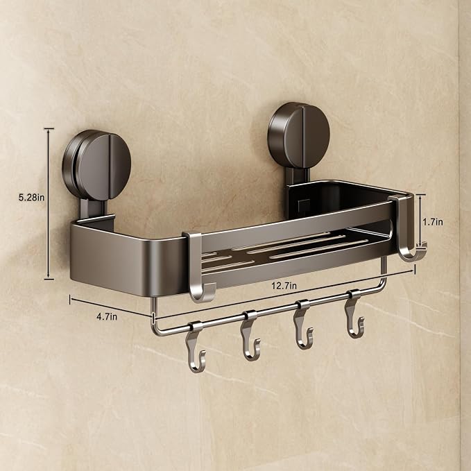Shower Caddy Suction Cup, 1 Pack Corner Shower Shelves No Drilling, Showers Organizer Storage with Towel Bar & Removable Hooks, Bathroom Shower Shelf Rack for Inside Showers