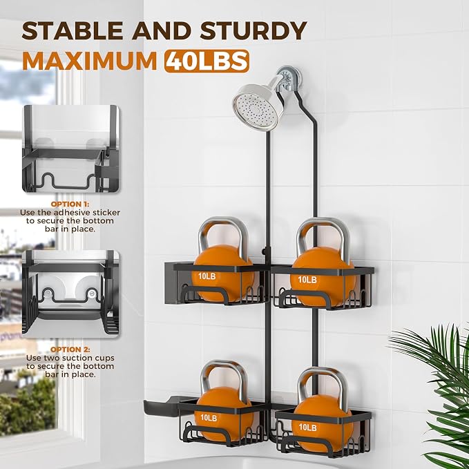 REINHARDT Split Shower Caddy Hanging for Handheld Showerheads, Black | Adjustable Shower Organizer, Rustproof, 16 Hooks, Soap Holder, 40lbs Capacity, Anti-Slip, Tool-Free, Bathroom Accessories