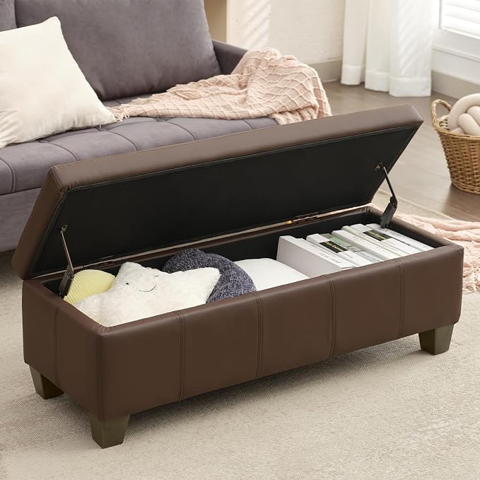 51 Inch Storage Ottoman, Storage Bench with Safety Hinge, Upholstered Synthetic Leather Ottoman Bench for Bedroom, Living Room, Entryway, Hallway, Foot Rest, Support 500lbs, Brown