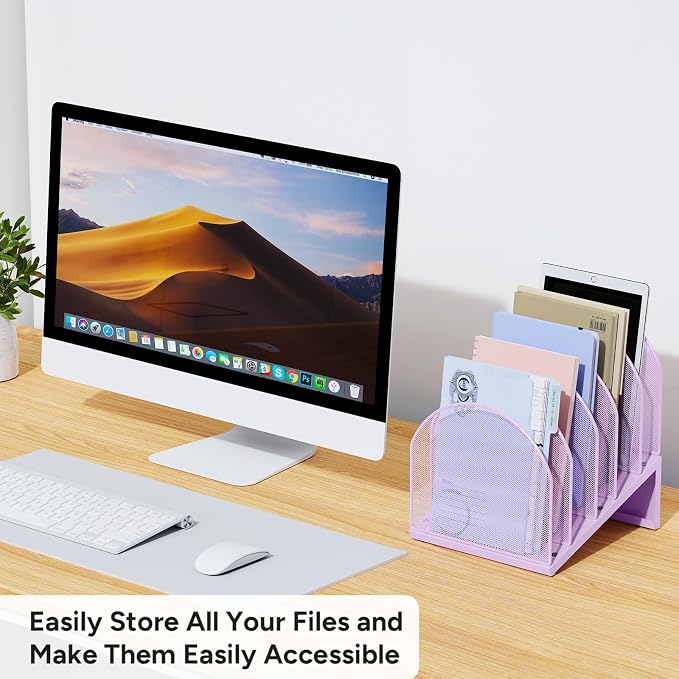 5-Section Desk File Organizer | Metal Mesh Folder Organizer for Documents, Mail & Office Papers (Purple)