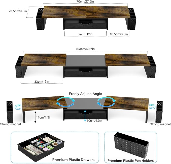 Spacrea Wood Dual Monitor Stand Riser with Drawer and 2 Pen Holders | Monitor Riser Desk Organizers and Accessories,Desk Accessories & Workspace Desktop Organizers for Office Supplies