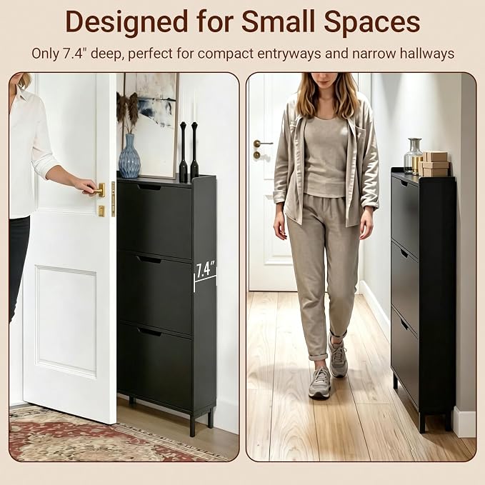 Haotian Slim Shoe Cabinet Entryway | Hidden Shoe Storage with Three Flip Drawers to Save Space, Freestanding Shoe Rack for Front Door, Entryway, Hallway (Black)