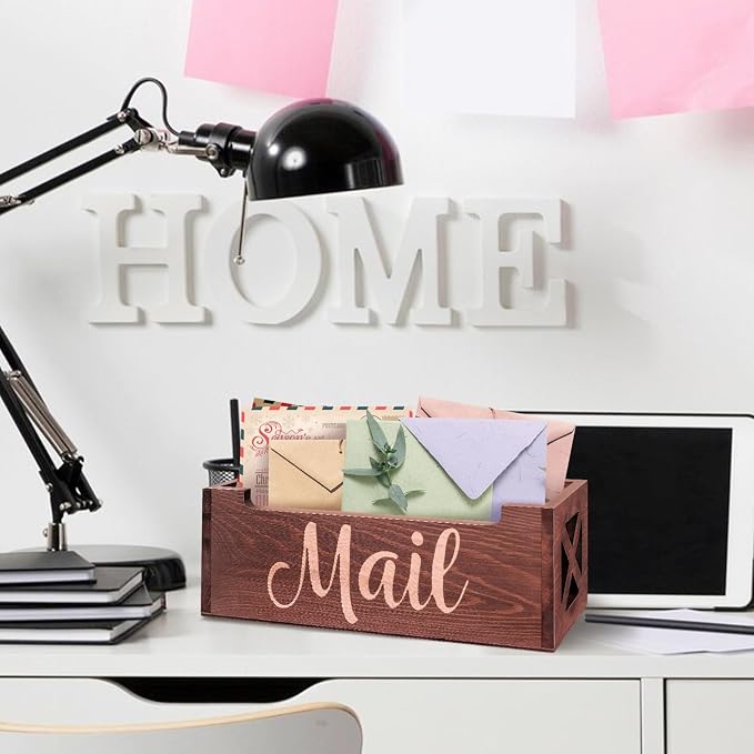 Wooden Mail Organizer Countertop | Farmhouse Brown Mail Holder for Wall | Rustic Desk Mail Sorter Basket Letter Holder for Home Office Entryway Decor