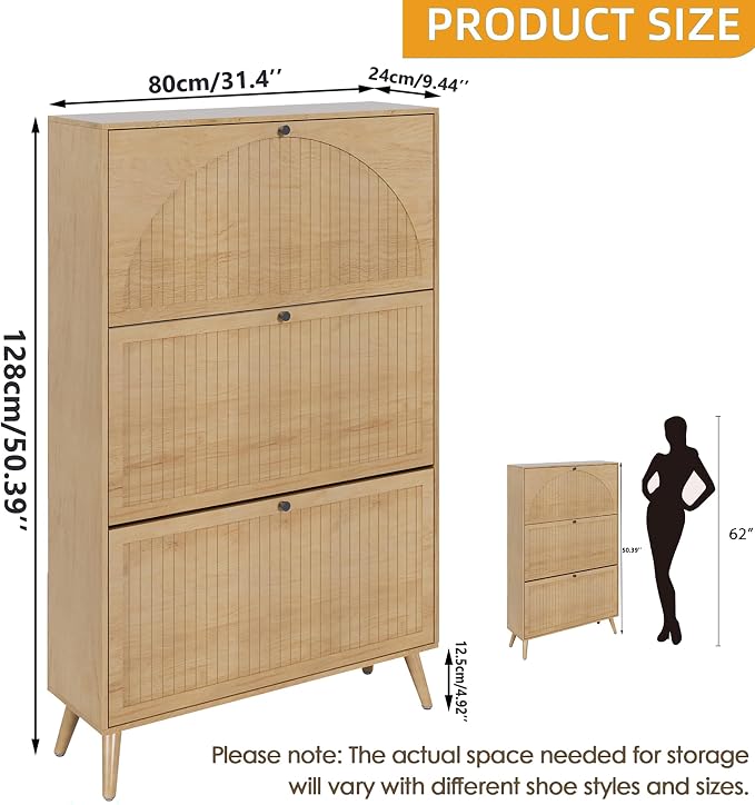 Fsbecl Shoe Storage Cabinet for Entryway with 3 Fluted Flip Drawers, Oak | Narrow Design, Freestanding Shoe Rack with Adjustment Shelves, Wooden Hidden Organizer for Hallway Foyer, 18-24 Pairs