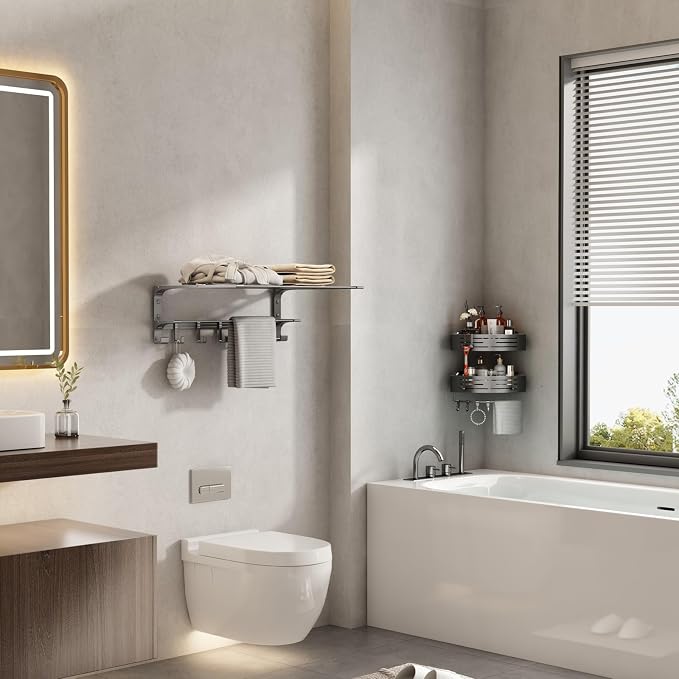 VOLPONE 24 Inch Towel Rack with Towel Bar Holder Foldable Large Towel Shelf with Movable Hooks Rustproof Widened Towel Storage Rack Wall Mount for Bathroom Lavatory Matte Grey