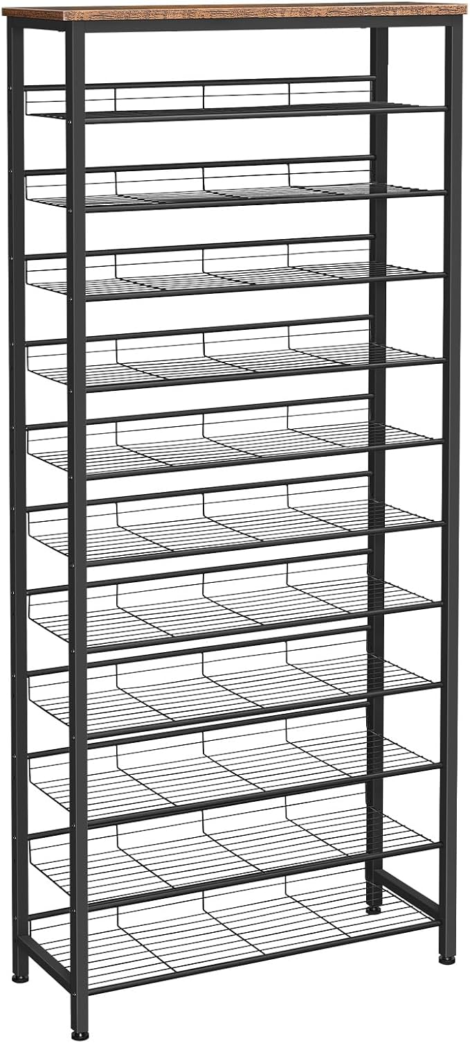 HOOBRO Shoe Rack for Entryway, 12-Tier Shoe Storage Organizer, Large Capacity for 33-36 Pairs of Shoes, Standing Shoe Shelf, Closet, Hallway, Adjustable Mesh Shelves, Rustic Brown and Black BF51XJ01