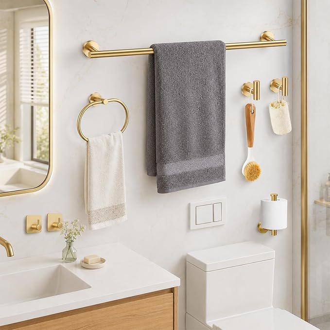 Brushed Gold Bathroom Accessories Set, 7 Pieces Gold Towel Bar Bathroom Hardware Set, 24 Inch Towel Racks for Bathroom, SUS304 Stainless Steel Bathroom Towel Holder Toilet Paper Holder Wall Mounted
