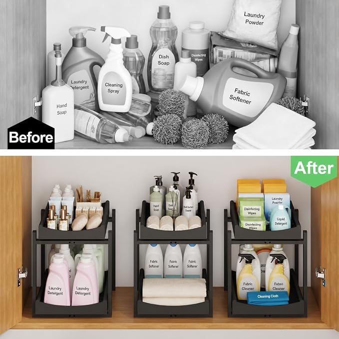 MHXW SXPN Bamboo Under Sink Organizer, 2 Pack Pull Out Cabinet Organizer | 2 Tier Vertical Smooth Slide Out Undersink Storage Shelf | Multi-Purpose Organizer Shelves for Kitchen Bathroom Medicine