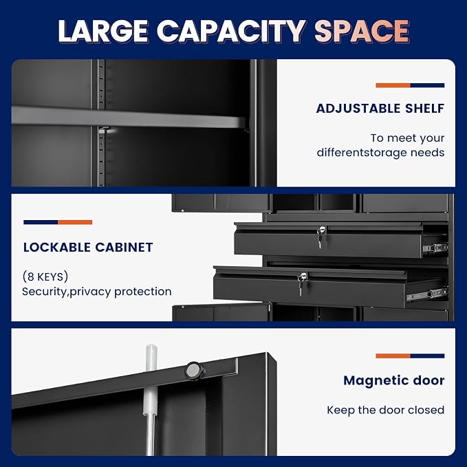 Yizosh Metal Garage Storage Cabinet with Locking Doors and Adjustable Shelves, 71" Tool Storage Cabinet with 2 Drawer for Garage,Warehouse