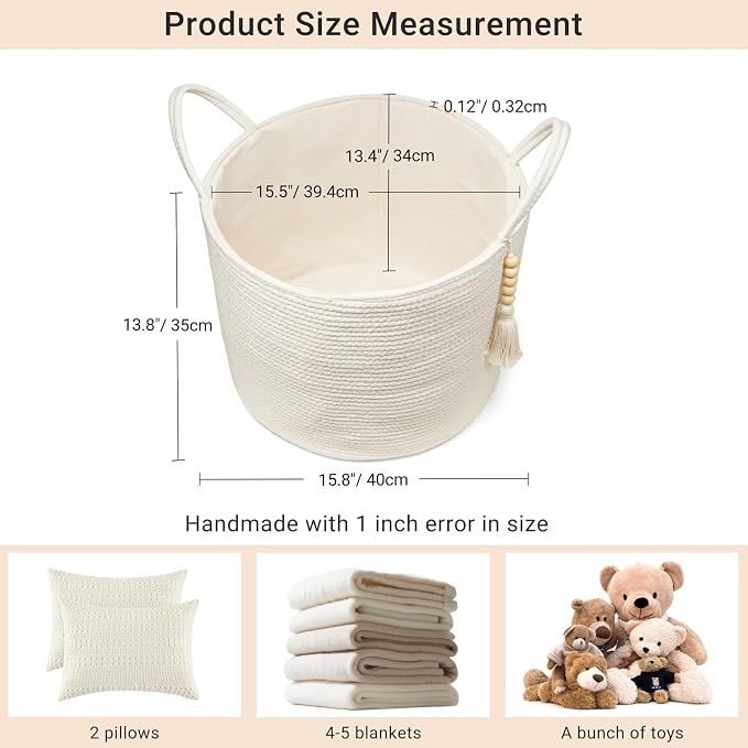 Mkono Woven Storage Basket Decorative Natural Rope Basket Wooden Bead Decoration for Blankets,Toys,Clothes,Shoes,Plant Organizer Bin with Handles Living Room Home Decor, White, 16" W × 13.8"L | White, Cotton, Decorative Basket with Handle, Wood Beads T...