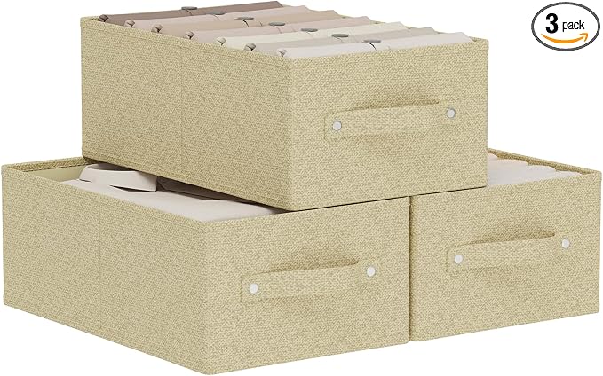 Storage Bin with Reinforced Stitching,Yellow,16.1x9.8x6.4in,3 Pack | Fabric Storage Baskets with Soft Cloth Handles, Thick PP Panel Wardrobe Containers,Wipeable Drawer Boxes for Closet Shelves