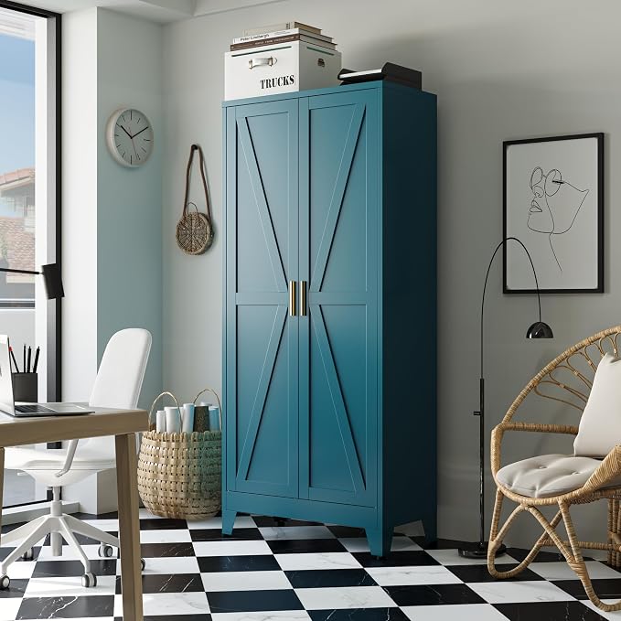 Bevivog 71" Tall Storage Cabinets Farmhouse Freestanding Tall Bookshelf with 2 Doors and 4 Adjustable Shelves, Blue Metal Pantry Cabinet for Kitchen Living Room, Home Office, Laundry, Bathroom