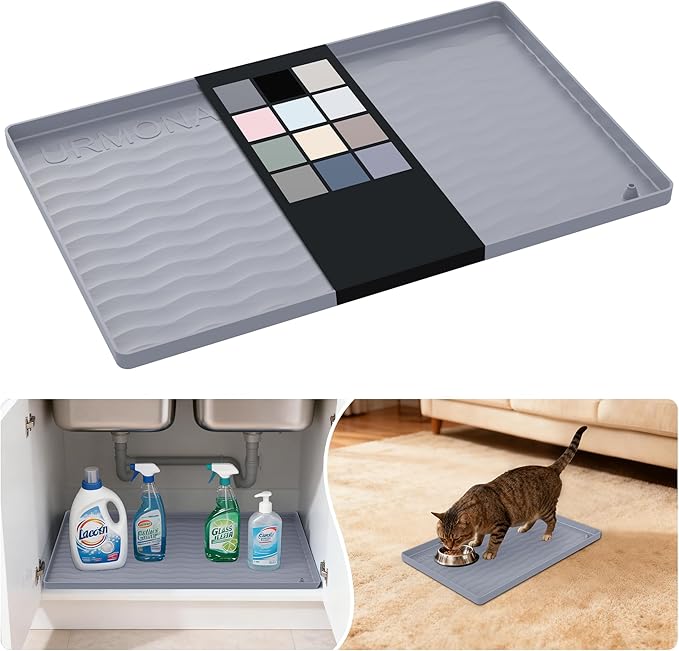 URMONA Waterproof Silicone Under Sink Mat 16'' x 10'' Shelf Liner for Kitchen and Bathroom, Cabinet and Counter Protector, Storage and Organizers, Litter Mat, Pet Cat Puppy Essentials(Light Grey)
