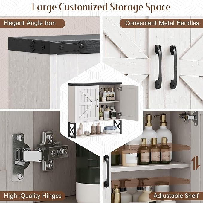 Vabches Bathroom Wall Cabinet, Farmhouse Medicine Cabinet, Rustic White | Vintage Storage Cabinet Wall Mounted with Double Barn Doors and Iron Shelf for Bathroom, Kitchen, Rustic White and Black