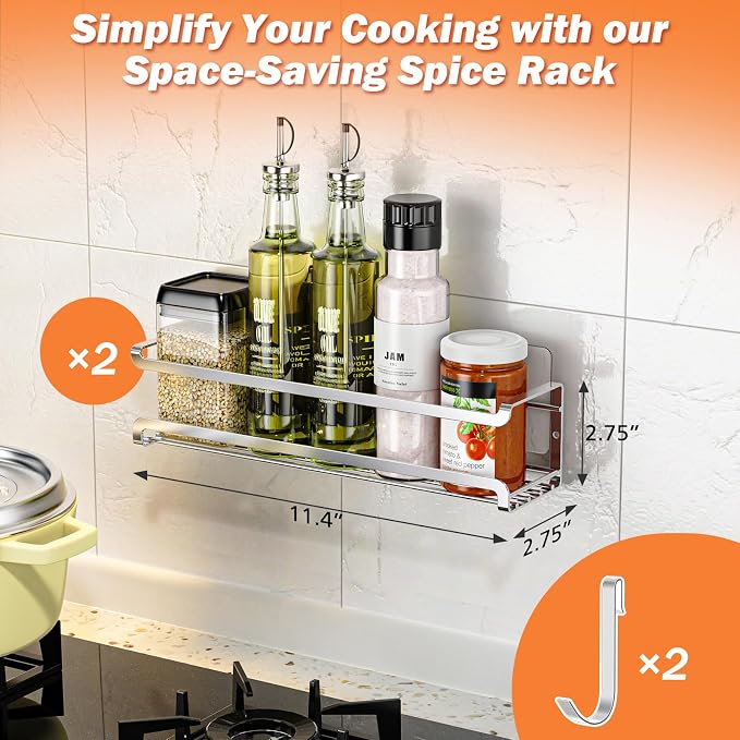 Bunoxea Spice Rack Wall Mounted 2 Pack, Silver,For Spice Jars & Seasonings | 2 Removalble Hooks,Screw or Adhesive Hanging, Space-Saving,For Kitchen Cabinet, Pantry Door,Stove,RV Use,11.41x2.75x2.75in