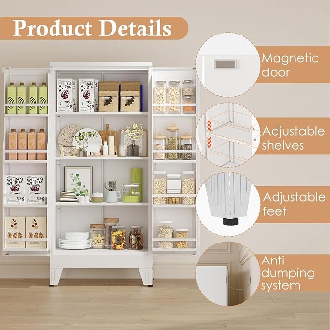 48" H Metal Kitchen Pantry Storage Cabinet, Freestanding Cupboard Storage Cabinet with Doors and Adjustable Shelves, Large Stand Up Food Cupboard for Living Room, Dinning Room（White）
