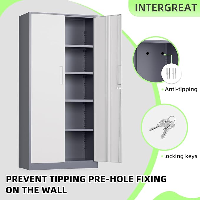 INTERGREAT Metal Storage Cabinet, 72" Locking Steel Cabinets with 2 Door and 4 Adjustable Shelves, Tall Metal Cabinet for Home Office, Garage, Warehouse, New Grey