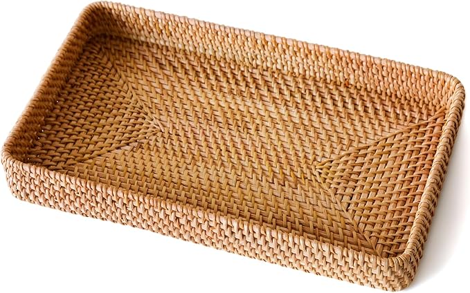Rattan Serving Tray, Rectangle Wicker Storage Basket for Organizing | M(14.6" × 9.1"), Natural Rattan, Decorative Woven Trays Wicker Baskets for Storage, Home Decor, Bathroom, Kitchen Counter