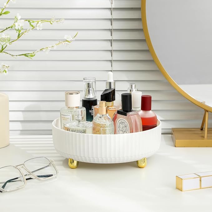 360 Rotating Makeup Perfume Organizer Skincare Tray, Small Ivory White | 360 Degree Spinning Lazy Susan Organizer Lotion Cosmetics Storage for Dresser, Vanity, Bathroom Countertop
