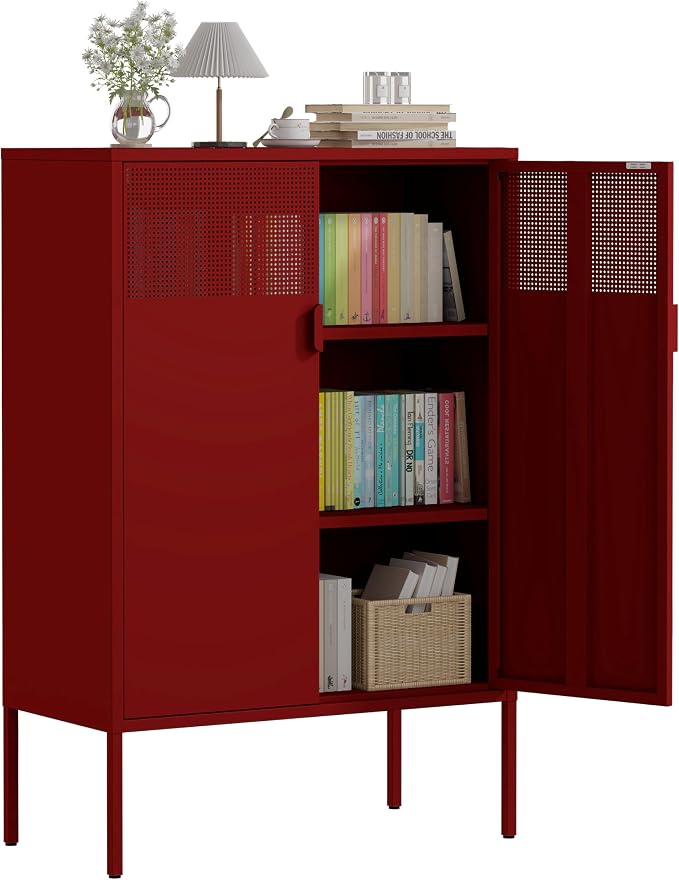 3-Tier Metal Storage Cabinet with 2 Adjustable Shelves & Mesh Doors | 2 Metal Locker Accent Cabinet with Legs, Red Storage Cabinets, Metal TV Stand Cabinet for Home Office, Entryway & Hallway