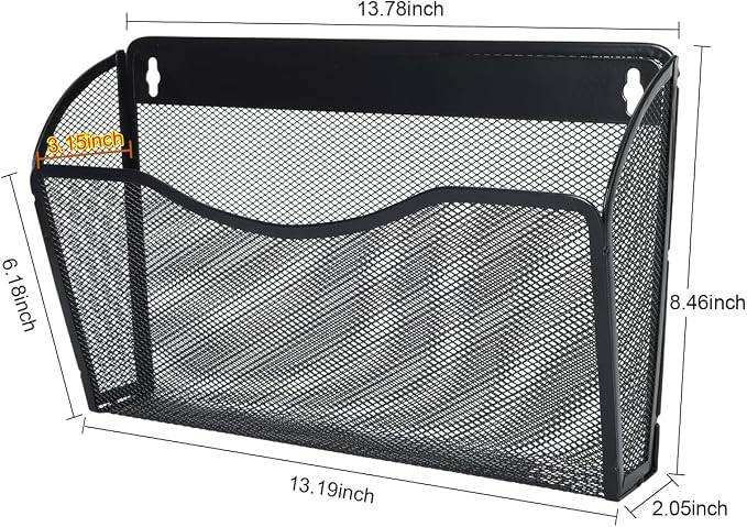 6 Pockets Wall File Organizer Metal Mesh Hanging Document Paper Holder Wall Mount Magazine Rack for Business Home Office Classroom, Black