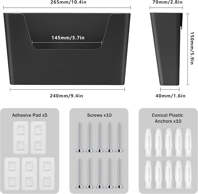 JOMOLA No Drilling File Holder 5 Pack Mail Organizer Wall Mount File Organizer Holder Office Wall Hanging Files Magazines Organizer Plastic Door Mount Wall Pocket with Adhesive Pad, Black Color