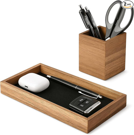 HULISEN Wooden Desk Organizer Tray, Pencil Holder with Felt Lining | Non-Slip Desk Tray Set, Pen Storage Compartment, Space-Saving Design, Desktop Accessory for Room Office & Workspace