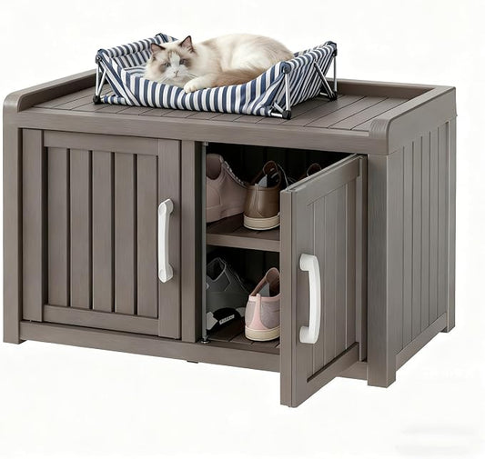 NUNU LAB Outdoor Storage Bench with 2 Barn Doors - Waterproof UV-Resistant Shoe Cabinet for Entryway, Indoor & Outdoor Use, Adjustable Shelves, Easy Assembly (Grey, 31.7IN)
