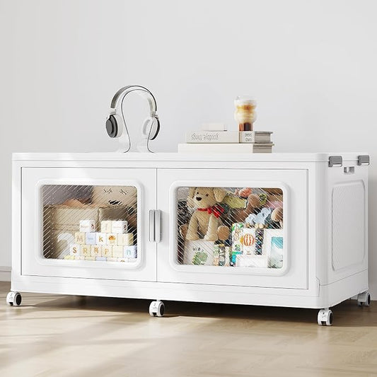 BROVIEW 300 Qt Extra Large Stackable Storage Bin with Lid, 1 Pack White | 75Gal Extra Large, Collapsible Storage Boxes with 1 Lid, Folding& Rolling Plastic Drawer, Heavy-Duty Cabinet Organization