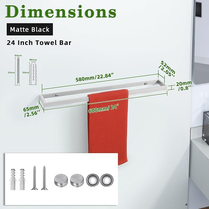 Alise 24 Inch Hand Towel Holder Towel Bar for Bathroom Wall Mounted,Brushed | Towel Hanger Towel Rack for Bathroom Lavatory,SUS304 Stainless Steel Towel Rail for Bath Kitchen, Non-adhesive Mount