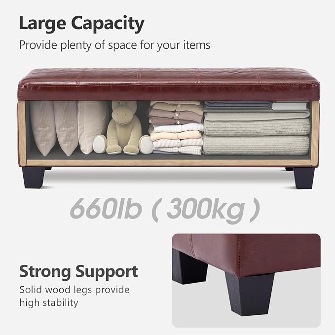 41.5 Inch Brown Faux Leather Storage Ottoman Bench for Bedroom Entryway | 2.8 cu ft hidden storage space,660 lbs load capacity,solid wood legs,ideal for end of bed mudroom