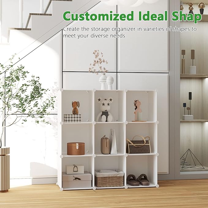 C&AHOME Cube Storage Organizer, 9-Cube Bookcase, Closet Cabinet Milky | DIY Stackable Bookshelf, Plastic Modular Shelving Units Ideal for Home, Office, Kids Room, 36.6" L x 12.4" W x 48.4" H
