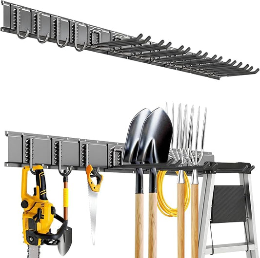 Garage Tool Organizer Wall Mount, 64inch Heavy-Duty Garage Storage System and Garden Tool Organizer with 12 Adjustable Hooks for Shovel, Snowboard, Yard Tools and Shed