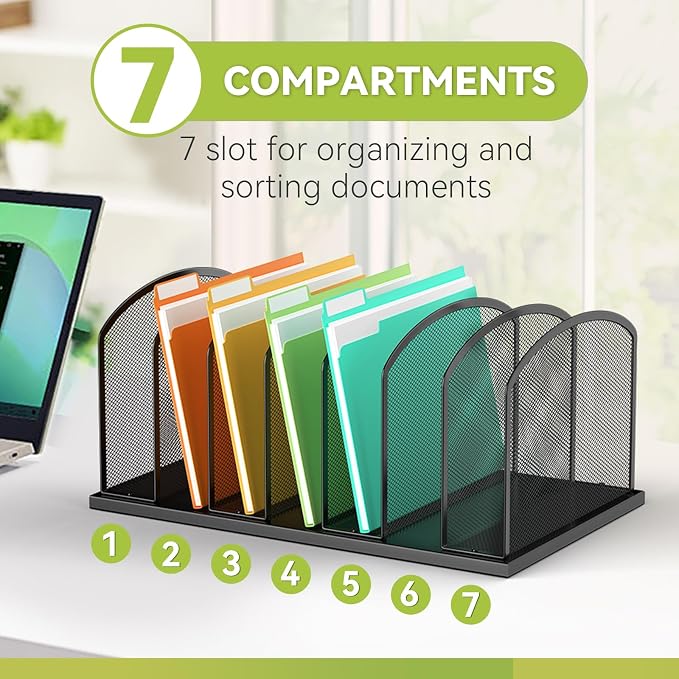 MINDEPOT Desk File Organizer 7 Sections Upright Mesh File Sorter Organizer for Desk, Office Organization File Holder for Home, Office & Classroom (Black, 2Pack)