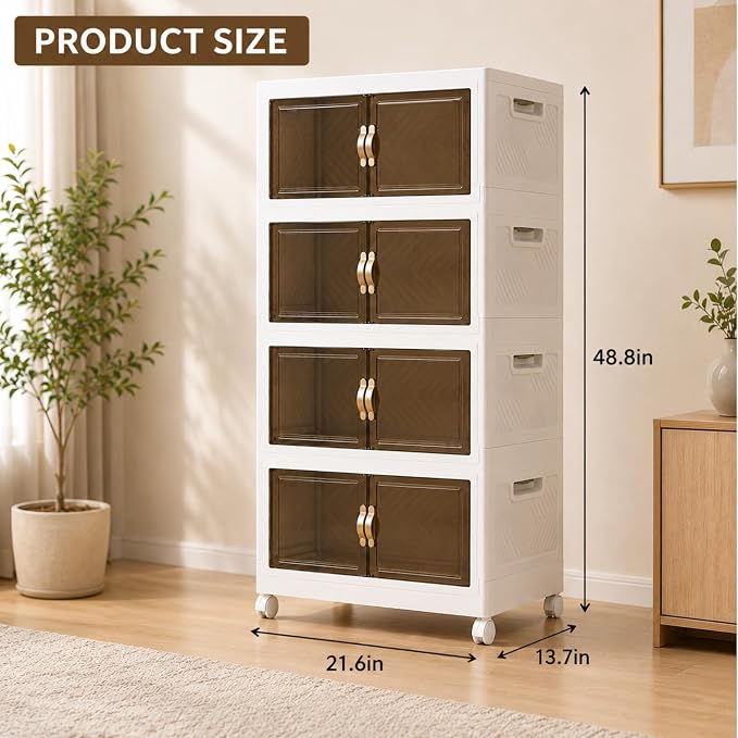 4 Tier Stackable Storage Bins with Lids, Total 199QT (4x49QT) Foldable Closet Organizer with Wheels, Collapsible Plastic Storage Boxes for Clothes, Toys, Kitchen, Office, and Dorm Room