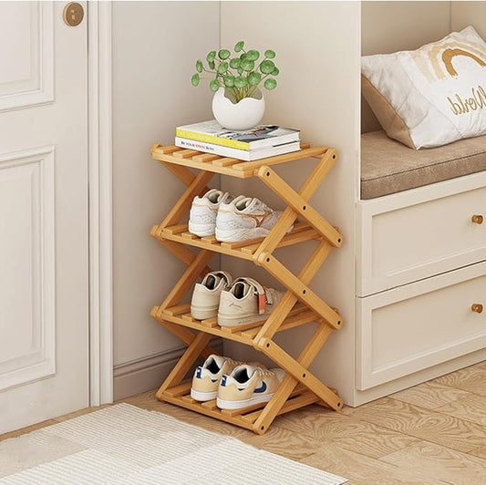4 Tier Foldable Shoe Rack, Bamboo Vertical Shoe Organizer Tall for Multifunctional Narrow Shoe Shelf for Entryway, Closet, Corner, Bedroom, Hallway(Natural)