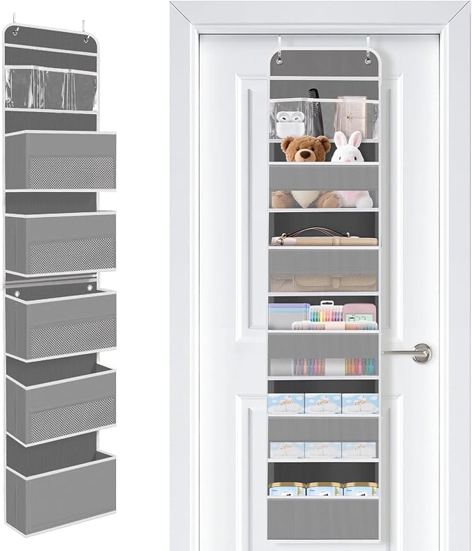 Over the Door Organizer, Large Pocket Hanging Storage with 40lb Capacity | Space Saving Door Storage for Nursery, Bathroom, Bedroom and Closet, Baby Essentials and Toiletry Organizer, Grey