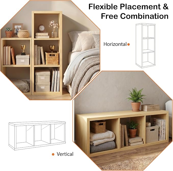 WannabeMyself【2026 Wooden Thick Frame】 3 Cube Storage Organizer with Anti-Tipping Kits, Reversible Open Back Book Shelf,Bookcase for Living Room,Bedroom,Entrance Hall,Office,11.6×36.3×13.1,Oak Color