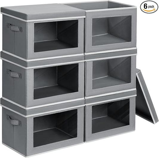 Homsorout Clothes Organizers and Storage - 6 Pack Large Storage Box with Lids, Foldable Closet Organizer with Lids, Decorative Basket Bins for Home, Dorm, Closet, Grey