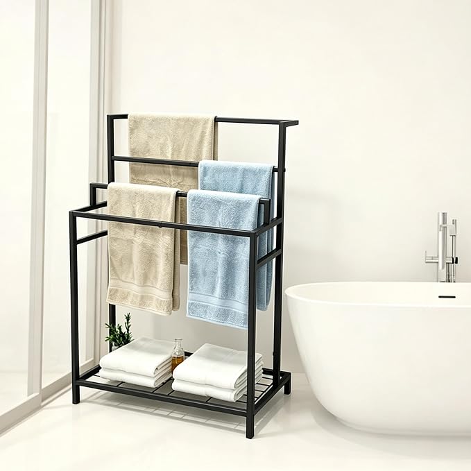 Standing Towel Rack with Shelf, 4-Tier Freestanding Towel Rack with Extra Storage Space, Stable Base Bath Blanket Holder for Bathroom, Laundry Room – Holds Towels, Blankets, Scarves, Matte Black