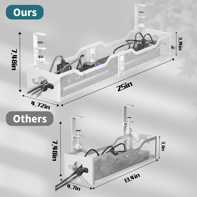 Under Desk Cable Management Tray White, Litwaro Cable Management Under Desk No Drill, 25'' Cable Tray with Clamp for Wire Management, Cord Organizer for Office, Home - No Damage to Table