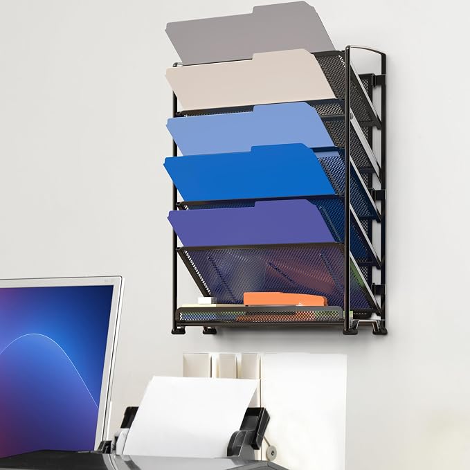 Simple Houseware 6-Tier Wall Mount Document Letter Tray Organizer, Black | 5 Tilted Trays + 1 Flat Bottom Tray, Wall Mount Hardware Included