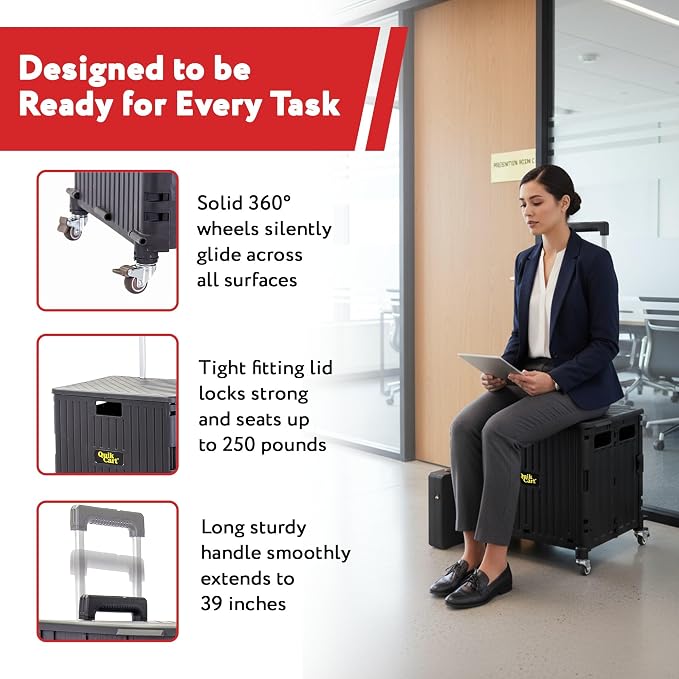 dbest Products Quik Cart 360 Rolling Crate with Wheels - Collapsible Utility Cart for Teachers & Home - Heavy Duty Folding Cart with Seat - 80 lb Capacity - Black | 80 lbs Capacity, 360 Spinner Wheels, Telescoping Handle, Folding Portable Utility Cart ...