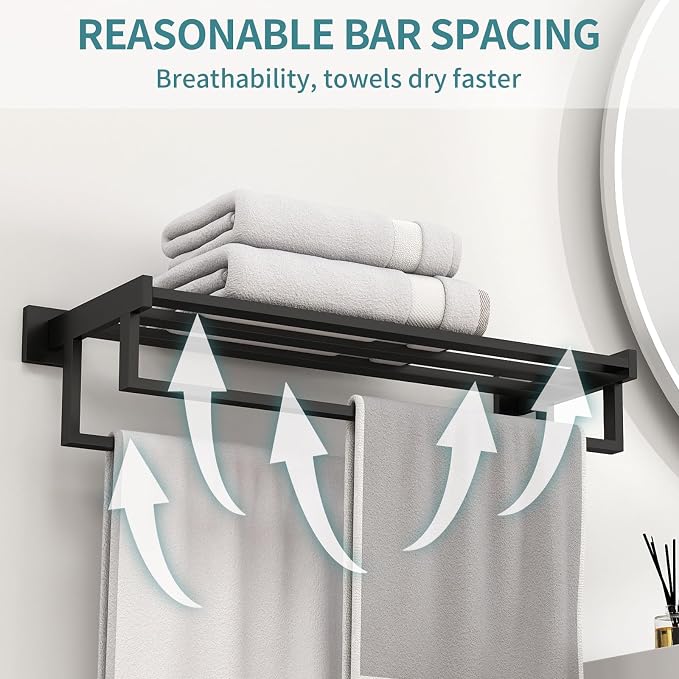 STWWO Towel Racks for Bathroom Wall Mounted, 24 Inch Black Double Towel Bar | Dual Towel Rack with Shelf, Double Towel Bar with Shelf, Stainless Steel Hand Towel Hanger, Bath Towel Holder for Wall