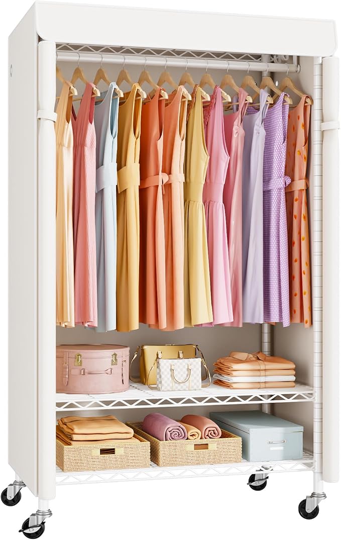 P6C Rolling Clothes Rack with Cover, 3-Tier Covered Clothing Rack | Portable Closets for Hanging Clothes, Heavy Duty Garment Rack on Wheels, White Closet Rack with White Cover, Max Load 365LBS
