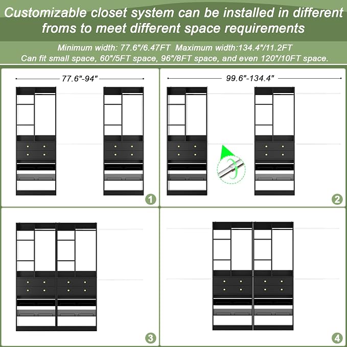 Besiost Closet System, Up to 134"/11.2 FT Closet Organizer with 4 Wooden Drawers and Shelves, Walk-in Closet System with 6 Hanging Rods, Built-in Closet Can Fit 96"/8FT, 120"/10FT, Black Set 2